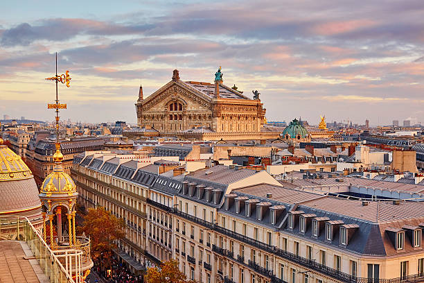 A view of the Eiffel Tower at sunset in Paris